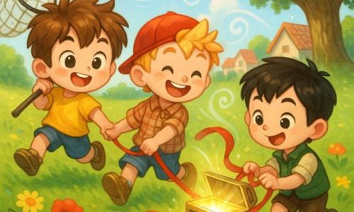 Three boys, about six years old: a tousled brown-haired boy with rosy cheeks in a yellow T-shirt and blue shorts on the left, jumping with a large rope net over his shoulder; a blond boy with spiked hair and freckles in the center, wearing a red cap and plaid shirt, running while pulling an open shiny box toward the wind; and a sleek black-haired boy on the right with a sly look, wearing a green vest and muddy boots, tying a long red ribbon around the box while laughing; they stand in a sunny meadow of bright green grass and colorful flowers (yellow daisies, red poppies) with a sparkling stream behind and a large leafy oak to the right and a few tile-roofed cottages in the distance; translucent smiling whirlwinds of wind play around them, making the net billow, the box gleam and the ribbon float in a lively, humorous, slightly magical scene with vivid colors and exaggerated expressions.