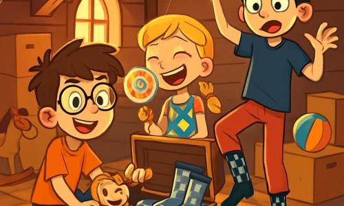 A 12-year-old boy, Charlie, with messy brown hair and round glasses, smiles with excitement and curiosity. He is sitting on an old dusty rug in an attic, surrounded by cardboard boxes and vintage toys. Next to him, his sister Lily, a 10-year-old girl with braided blonde hair and a colorful dress, laughs while holding a giant lollipop, her eyes sparkling with mischief. Max, their 14-year-old older brother with black hair and a slightly grumpy look, stands trying to dance in disco socks, a surprised expression on his face. The attic is filled with golden light filtering through a small window, illuminating cobwebs and forgotten memories. The scene shows Charlie and his siblings discovering a mysterious chest filled with strange and fun treasures, creating an atmosphere of joy and adventure.