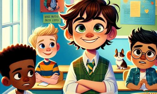 Four 10-year-old boys stand in a colorful classroom. Elliot, with messy brown hair and sparkling eyes, is in the center, smiling enthusiastically while holding an open book. Jake, with blonde hair and round glasses, is slightly to the left, taking notes in a small notebook with a focused expression. Sam, with black hair and freckles, stands on the right, arms crossed, looking worried as he watches his friends. Lucas, with chestnut hair and gentle eyes, is slightly forward on the right, looking thoughtful while holding a small dog figurine. The bright classroom has light blue walls, colorful honesty-themed posters, and wooden tables arranged in a circle. Sunlight filters through the windows, illuminating the children's faces. The main scene shows the boys preparing their presentation on lying, discussing seriously while sharing their stories, with speech bubbles illustrating their thoughts and emotions.