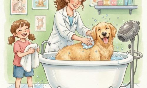 Dr. Lily Baxter, a smiling compassionate adult veterinarian with curly brown hair in a ponytail and a slightly wrinkled white coat, gently washes a large dog in a tub; nearby, 10-year-old Mia with brown pigtails laughs holding a fluffy towel, water splashing on her shoes; in the central tub, Rufus the Golden Retriever has wet golden fur, tongue out and a joyful expression as he shakes, throwing sparkling droplets; the small vet clinic grooming room has apple-green walls with animal posters, wet white-and-blue tiles, metal shelves of colorful shampoos and a large dryer on a cart; soft warm light with watercolor highlights and tiny white glints on droplets and fur creates a bright, childlike, reassuring scene of tender care, splashes and laughter.