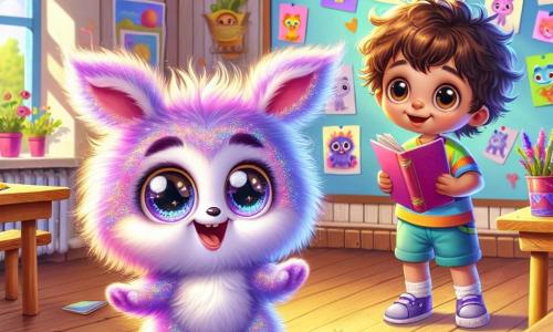 An illustration depicts a small creature with soft, fluffy fur shimmering in shades of lavender and pink. It has large, round eyes sparkling with joy and small wings gently fluttering. It dances with a bright smile, full of enthusiasm and happiness. Next to it, a little boy with curly brown hair, wearing a colorful t-shirt and shorts, looks on with admiration. He has a smiling face, but there’s a glint of apprehension in his eyes as he feels nervous. He holds a book in his hands, ready to share a story. The main setting is a bright classroom with warm wooden walls, sunlight streaming through the windows, and colorful posters hanging. Wooden tables are arranged in a circle, and children's drawings decorate the blackboard. The main scene shows the little creature joyfully dancing in front of its classmates while the little boy stands beside it, preparing to tell a story. The atmosphere is filled with laughter and excitement, with classmates applauding and smiling around them. Additional graphic elements include scattered colored pencils on the tables, open books, and paper flowers hanging from the ceiling, adding a touch of magic and creativity to this joyful scene of learning and friendship.