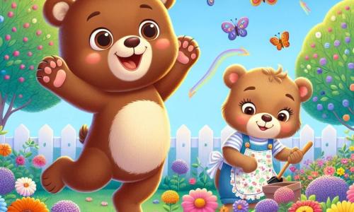 Benny, a young brown bear with big round eyes and a bright smile, is jumping for joy in a colorful garden surrounded by vibrant flowers of all colors. He looks curious and happy, with his paws raised in the air. Next to him, Mama Bear, a gentle and caring bear with light brown fur and a floral apron, is planting flowers with a big smile on her face, showing her pride in the garden they are creating together. The garden is filled with multicolored flowers, fluttering butterflies, and lush trees under a clear blue sky, illuminated by the gentle spring sun. The main scene shows Benny and Mama Bear working together in the garden, celebrating the arrival of spring with joy and wonder, while birds sing in the trees above them.