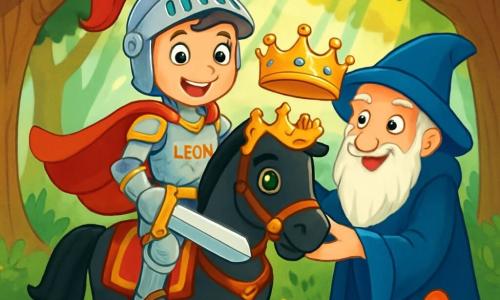 Ein junger Ritter namens Leon, mit einem strahlenden Lächeln und funkelnden Augen der Entschlossenheit, steht stolz auf seinem glänzenden schwarzen Pferd. Er trägt eine schimmernde Rüstung mit goldenen Mustern und einen roten Umhang, der im Wind weht. An seiner Seite reicht ihm ein alter, geheimnisvoller Weiser mit einem langen weißen Bart und einem blauen Samtmantel eine glänzende Krone, sein Gesicht von einem wohlwollenden Lächeln erhellt. Die Szene spielt in einem verzauberten Wald, wo große Bäume mit knorrigen Stämmen majestätisch aufragen und ihre grünen Blätter ein natürliches Dach bilden. Sonnenstrahlen filtern durch die Äste und beleuchten den Boden, der mit bunten Blumen und neugierigen kleinen Tieren übersät ist. Leon, mit der Krone auf dem Kopf, bereitet sich darauf vor, eine wichtige Herausforderung anzunehmen, entschlossen, die Allianz zwischen den Königreichen zu schützen. Die Atmosphäre ist voller Aufregung und Geheimnis, während er bereit ist, den Rat des Weisen anzuhören und sein Abenteuer fortzusetzen.