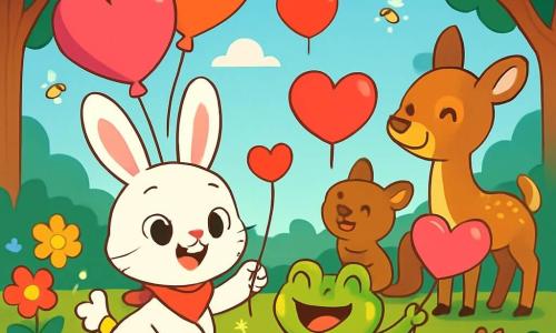 Un pequeño conejo blanco llamado Valentín, con grandes ojos brillantes y una sonrisa alegre, está repartiendo globos de colores en forma de corazón a los animales del bosque. Lleva una pequeña bufanda roja alrededor del cuello y parece encantado de compartir su alegría. Junto a él, una rana verde llamada Rosi, con manchas amarillas y una gran sonrisa, salta alegremente sosteniendo una pirueta en forma de corazón. Ella está llena de energía y anima a los otros animales a participar en la fiesta. En el fondo, un claro encantado está lleno de flores brillantes de todos los colores, luciérnagas centelleantes en el aire y grandes árboles con hojas verdes. El cielo es de un azul brillante, salpicado de nubes blancas y esponjosas. La escena muestra a Valentín y Rosi celebrando el día de San Valentín, rodeados de animales felices, creando una atmósfera festiva y cálida, llena de risas y camaradería.
