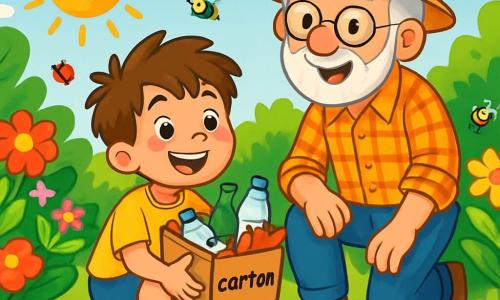 Un niño de 8 años, Lucas, con cabello castaño desordenado y ojos llenos de curiosidad, está agachado en un jardín verde, sonriendo ampliamente. Lleva una camiseta amarilla brillante y pantalones cortos de mezclilla, sosteniendo una pequeña caja de cartón llena de residuos reciclables que acaba de recoger. A su lado, su abuelo, un hombre mayor con barba gris y gafas redondas, viste una camisa a cuadros y un sombrero de paja, sonriendo orgullosamente al mirar a Lucas. Ambos están en medio de un jardín colorido, lleno de flores brillantes, arbustos verdes y pequeños insectos zumbadores, mientras limpian el jardín rodeados de basura esparcida, bajo un sol radiante en un cielo azul claro, creando una atmósfera alegre y acogedora.