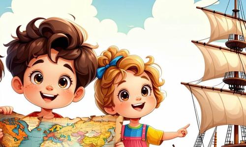No primeiro plano, quatro crianças estão juntas, todas sorridentes e cheias de energia. Miguel, um garoto de 8 anos com cabelos castanhos bagunçados e olhos brilhantes, observa com admiração um mapa antigo que segura nas mãos. À sua direita, Luísa, uma menina de 8 anos com cabelos encaracolados e dourados, veste um vestido colorido e aponta para um grande navio à vela ao longe. À esquerda, Pedro, um garoto de 9 anos com óculos redondos e cabelos negros, segura um pequeno aparelho de navegação, parecendo concentrado. Finalmente, Ana, uma menina de 7 anos com cabelos lisos e castanhos, está um pouco atrás, observando atentamente o grupo com um sorriso tímido. O cenário é um porto movimentado do século XV, onde barcos de madeira com velas brancas estão ancorados. O céu é azul brilhante, salpicado de nuvens brancas, e o ar está impregnado com o cheiro salgado do mar. Comerciantes e marinheiros se movimentam ao redor, criando uma atmosfera vibrante e colorida. A cena principal mostra as crianças tentando convencer o famoso explorador Cristóvão Colombo, que está à frente de seu navio, parecendo hesitante. Miguel, Luísa, Pedro e Ana se aproximam dele, com rostos radiantes de entusiasmo, prontos para incentivá-lo a embarcar em sua viagem histórica.