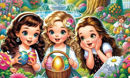 Tres chicas alegres están en el centro de un jardín colorido, rodeadas de flores brillantes y vegetación exuberante. Sara, de 11 años, con cabello rizado y ojos brillantes, lleva un vestido rosa y sostiene una pequeña cesta de mimbre llena de huevos de colores. Lucía, también de 11 años, tiene trenzas rubias y lleva una camiseta amarilla con un diseño de conejo. Está agachada, mirando un huevo escondido bajo una gran margarita. Elena, la última chica, tiene el cabello castaño liso y lleva una falda con flores. Sostiene un gran papel con un mapa de búsqueda de huevos, luciendo concentrada. El jardín está lleno de flores multicolores, con un gran roble al fondo y una pequeña fuente brillante en el centro, donde nadan peces dorados. Las chicas están en plena búsqueda de huevos de Pascua, buscando con entusiasmo entre las flores, mientras un misterioso huevo dorado brilla bajo el sol, atrayendo su atención y prometiendo una aventura mágica.