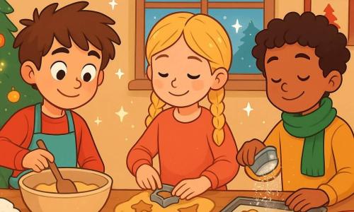 Tomás, un niño de 10 años con cabello castaño despeinado y ojos llenos de curiosidad, está mezclando masa para pasteles con una sonrisa concentrada. Clara, una niña de 10 años con trenzas rubias y mejillas rosadas, corta formas de galletas junto a Tomás. Leo, un niño de 10 años con una bufanda verde y cabello rizado, espolvorea azúcar glas sobre las galletas, de pie al otro lado de la mesa. La cocina es cálida y luminosa, con guirnaldas navideñas colgadas en las paredes y una mesa de madera cubierta de harina e ingredientes coloridos. La escena principal muestra a los niños preparando galletas de Navidad juntos, rodeados de un ambiente festivo y alegre, con estrellas de azúcar brillando a su alrededor.