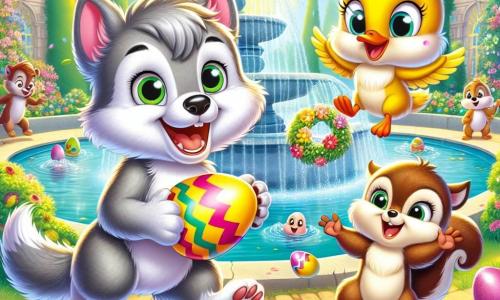 El personaje principal es un pequeño lobo llamado Lupi, con un pelaje suave y gris, ojos brillantes y una sonrisa radiante, que salta de alegría sosteniendo un huevo dorado en sus patas. A su lado está Susi, una pequeña ardilla de ojos chispeantes, con pelaje marrón y una cola en forma de penacho, que sonríe y señala un huevo colorido escondido detrás de un árbol. Pedro, un pato alegre con plumaje amarillo brillante y un pico naranja, nada en una pequeña fuente cercana, riendo con entusiasmo. La escena transcurre en una hermosa plaza soleada, rodeada de árboles en flor y flores coloridas, donde animales de todo tipo se reúnen para celebrar la búsqueda de huevos de Pascua. En el centro de la plaza, una gran fuente brilla bajo el sol, añadiendo un toque mágico a la atmósfera festiva. La situación principal muestra a Lupi y sus amigos descubriendo huevos escondidos mientras se divierten juntos, llenos de emoción y alegría, listos para vivir una aventura mágica para celebrar la Pascua.