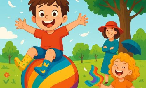Un ragazzo di 8 anni, Tommaso, con capelli castani arruffati e un grande sorriso malizioso, indossa calze spaiate: una gialla a pois verdi e una blu con anatre. Sta rotolando felicemente su una enorme palla gonfiabile colorata, con le braccia aperte come ali, gli occhi scintillanti di eccitazione. Accanto a lui, Martina, una ragazza di 8 anni con capelli ricci e dorati, ride di gusto, tenendo un foulard colorato che vola nel vento. Si trova in piedi sull'erba, pronta a saltare sulla palla. Più lontano, l'insegnante Carla, una donna sorridente con un cappello rosso e un grande ombrello, osserva la scena divertita, con le braccia incrociate. Il luogo è un vasto campo verde, punteggiato di fiori colorati e piccoli alberi, sotto un cielo blu splendente. Sullo sfondo, una vecchia quercia maestosa si erge, con i rami distesi come braccia accoglienti. La scena principale mostra Tommaso e Martina in una corsa di risate, con la palla gigante che rimbalza intorno a loro, mentre leggere piume fluttuano nell'aria, creando un'atmosfera gioiosa e ludica.