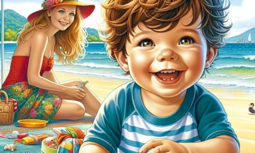 Un niño pequeño de 1 año, con cabello castaño desordenado y ojos brillantes de alegría, está sentado en la arena dorada de la playa. Lleva un bañador a rayas azul y blanco y un sombrero de sol colorido. Está construyendo un castillo de arena con una gran sonrisa en su rostro, con sus pequeñas manos llenas de granos de arena. A su lado, su mamá, una mujer de unos 30 años con cabello largo y rubio, está de rodillas. Lleva un bañador rojo y un pareo colorido, y le ayuda a moldear el castillo, riendo alegremente. Un poco más lejos, su papá, un hombre de unos 32 años con cabello castaño y una barba ligera, está sentado en una toalla de playa, sosteniendo un picnic. Los observa con una sonrisa orgullosa, listo para compartir un momento de felicidad familiar. El lugar es una hermosa playa soleada, con suaves olas que rompen en la orilla, sombrillas coloridas y conchas esparcidas sobre la arena. En el fondo, se pueden ver niños jugando en el agua y familias disfrutando del día. La situación principal muestra al niño concentrado en su castillo de arena, rodeado de su familia, todos riendo y divirtiéndose juntos bajo el sol brillante, ilustrando la alegría de las vacaciones de verano.
