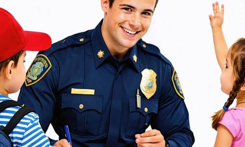 Im Zentrum des Bildes steht ein Polizist mit einem warmen Lächeln, der eine marineblaue Uniform mit einem glänzenden Abzeichen auf der Brust trägt. Er hat kurze braune Haare und freundliche Augen, während er sich leicht vorbeugt, um mit einer Gruppe von Kindern zu sprechen und stolz seine Polizeiausrüstung zu zeigen. Rechts von ihm hebt ein 8-jähriges Mädchen mit langen geflochtenen blonden Haaren und einem rosa Kleid begeistert die Hand, um eine Frage zu stellen, ihre Augen strahlen vor Aufregung. Links von ihm schaut ein 7-jähriger Junge mit einer roten Mütze und einem gestreiften T-Shirt bewundernd zu dem Polizisten, ein breites Lächeln auf seinem Gesicht. Die Szene spielt auf einem sonnigen Schulhof, umgeben von grünen Bäumen und bunten Spielgeräten. Im Hintergrund spielen Kinder, was der Illustration eine fröhliche und lebhafte Atmosphäre verleiht. Der Polizist erklärt den Kindern die verschiedenen Funktionen seines Berufs und lehrt sie die Bedeutung von Sicherheit und gegenseitiger Hilfe, was einen Moment des Lernens und Teilens voller Lachen und Neugier schafft.