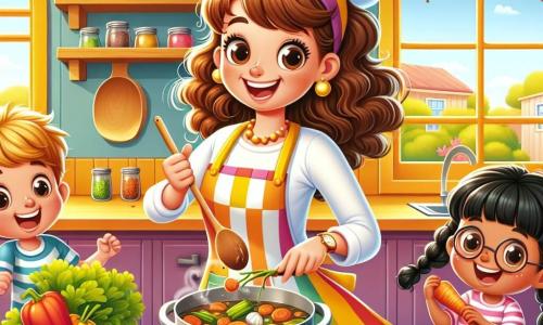 Uma chef sorridente, com cerca de 30 anos, cabelos cacheados e um grande avental colorido, dança alegremente em uma cozinha iluminada. Ela mistura legumes frescos em uma grande panela, seus olhos brilhando de felicidade. Ao lado dela, um menino de 8 anos, com cabelos loiros e óculos redondos, segura uma colher de pau e observa com admiração, pronto para ajudar. Uma menina de 7 anos, com tranças negras, está cortando cenouras em uma tábua, concentrada e entusiasmada. A cozinha é espaçosa, com paredes amarelas ensolaradas, prateleiras cheias de potes de especiarias coloridos e janelas que deixam entrar a luz do dia. A cena principal mostra a chef e as crianças preparando juntas um prato delicioso, cheios de alegria e risadas, criando uma atmosfera calorosa e amigável.