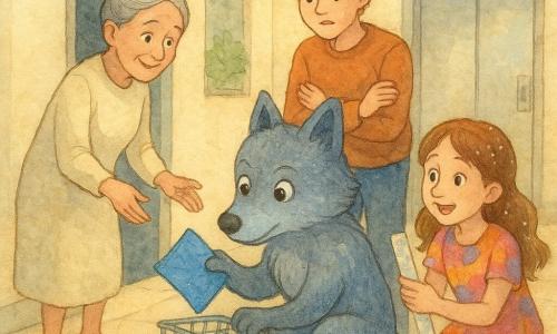 Personagem principal: pequeno lobo antropomórfico de pelagem cinza com tons azulados, olhos grandes e curiosos, expressão concentrada e benevolente, agachado junto à porta da sala de manutenção a segurar delicadamente um gancho metálico para puxar um caderno azul amassado; personagem secundário 1: adolescente Tomás de gorro torcido e cabelo castanho, rosto aliviado, em pé atrás do lobo com mãos cruzadas no peito; personagem secundário 2: dona Rosa, bibliotecária de vestido creme e cabelo grisalho em coque, sorriso terno, estende a mão para alcançar o caderno à esquerda; personagem secundário 3: menina Bia de cabelo com glitter e roupa colorida, surpresa e entusiasmada, ajoelhada à direita segurando uma régua translúcida para guiar o objeto; local: corredor interno de prédio luminoso com paredes creme, piso de azulejo bege, porta metálica da manutenção entreaberta com uma fresta escura, jardim interno ao lado e elevador de vidro ao fundo; situação: recuperação do caderno azul preso atrás da porta, atmosfera terna e de suspense discreto, iluminação suave tipo aquarela e sensação de alívio e camaradagem.