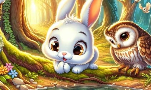 Mały króliczek z błyszczącymi oczami i jasnym futerkiem, z długimi uszami, stoi na brzegu lśniącego strumienia, wyglądając ciekawie i zachwycony. Uważnie przygląda się swojemu odbiciu w wodzie, z delikatnym uśmiechem na twarzy, jakby odkrył cenny sekret. W pobliżu, mądra sowa o brązowych i złotych piórach, siedząca na gałęzi dużego dębu, obserwuje króliczka z życzliwością. Jej duże, okrągłe oczy wyrażają mądrość i spokój, a ona lekko pochyla głowę, gotowa podzielić się radami. Tło to zaczarowany las, skąpany w złotym świetle, z majestatycznymi drzewami o zielonych liściach i kolorowymi kwiatami rozsianymi po ziemi. Strumień cicho szumi, dodając magii do spokojnej atmosfery. Główna sytuacja ukazuje króliczka w głębokiej refleksji, odkrywającego znaczenie poszukiwania szczęścia i sensu życia, podczas gdy sowa, symbol mądrości, przygotowuje się, aby zaoferować mu cenne rady w jego podróży.