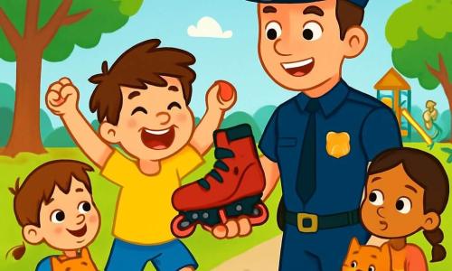Ein Polizist namens Paul steht mit einem breiten, warmen Lächeln im Gesicht. Er trägt eine dunkelblaue Uniform, einen Polizeihut und ein glänzendes silbernes Abzeichen auf der Brust. Seine Augen funkeln vor Aufregung, während er einem Jungen namens Ben, etwa 8 Jahre alt mit zerzausten braunen Haaren und einem leuchtend gelben T-Shirt, einen roten Roller zeigt. Ben springt vor Freude mit erhobenen Armen und einem großen Lächeln neben Paul. Ein Mädchen namens Mia, 7 Jahre alt mit Zöpfen und einem Blumenkleid, steht etwas im Hintergrund und hält eine Katze in den Armen, neugierig schauend. Die Szene spielt in einem sonnigen Park mit üppigen grünen Bäumen, bunten Blumen und einem Kiesweg. Im Hintergrund sieht man einen lebhaften Spielplatz mit spielenden und lachenden Kindern. Paul erklärt fröhlich Ben und Mia, wie er den verlorenen roten Roller gefunden hat, umgeben von einer freundlichen und fröhlichen Atmosphäre, die Hilfsbereitschaft und Sicherheit in der Gemeinschaft symbolisiert.