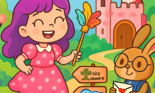 O prințesă veselă, Pufina, cu părul violet strălucitor, poartă o rochie roz cu buline albe și pantofi cu clopoței care sună la fiecare pas. Zâmbește cu ochii strălucitori de emoție, ținând o baghetă împodobită cu pene colorate. Lângă ea, un iepure tânăr cu urechi mari, purtând ochelari rotunzi, este poștașul regatului, are aproximativ 8 ani și o privește pe Pufina cu un zâmbet complice, ținând o scrisoare parfumată în lăbuțe. Scena se desfășoară la intrarea unui castel din bomboane, cu pereți roz și acoperișuri din zahăr, înconjurat de copaci cu frunze în formă de bomboane și nori pufoși plutind jos în cerul albastru. Pufina și iepurele stau în fața a trei căi misterioase: una duce la o pădure dansatoare, alta la un râu râzând, iar ultima la o poiană plină de broaște cântătoare. Se pregătesc să-și aleagă următoarea aventură plină de râsete și surprize.