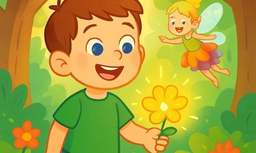Een jonge man genaamd Sam, met felblauwe ogen en kastanjebruin haar, glimlacht verwonderd terwijl hij een prachtige gouden bloem vasthoudt die zachtjes in zijn hand straalt. Hij draagt een groene t-shirt en een spijkerbroek, omringd door een aura van nieuwsgierigheid en vreugde. Naast hem danst een kleine fee met glinsterende vleugels, zo klein als een bloem, in de lucht. Ze heeft goudkleurig haar en draagt een jurk gemaakt van kleurrijke bloemblaadjes. Ze glimlacht vrolijk terwijl ze Sam de weg wijst. De achtergrond is een betoverd bos met grote bomen, glanzend groene bladeren en kleurrijke bloemen die overal groeien. Zonne-stralen filteren door de takken en creëren lichtvlekken op de met mos bedekte grond. De hoofdscene toont Sam en de fee die samen de mooie gouden bloem ontdekken, die straalt van magisch licht te midden van het groen, symbool voor avontuur en ontdekking.