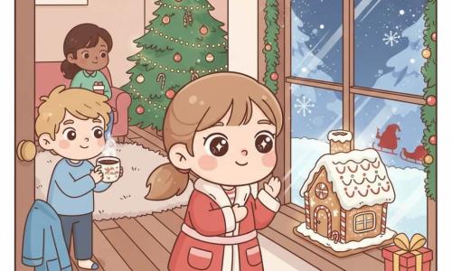 A 10-year-old girl with big bright eyes, rosy cheeks and chestnut ponytail in striped pajamas and a red robe peeks out the window with a delighted smile; a roughly 9-year-old boy (Tommy) with tousled blond hair, a blue coat on a chair, holds a mug of hot chocolate and whispers by the door to the left; their mother, about 35, brown hair gathered, sits near the decorated Christmas tree on the couch holding a stocking and watches tenderly; the cozy living room has wooden floors, a plush rug, a tree with lights and red baubles and a sparkling garland around the window; on the exterior window ledge a large gingerbread house dusted with snow and candy canes glows under lights while a small red Santa silhouette places a golden package beside it with sleigh and falling snow in the background; night scene with warm interior light contrasting cool blue snowy outdoors, reflections of garlands on the glass; kawaii minimal style with rounded shapes, saturated pastel colors, simple textures, clean lines and little shadow, charming joyful mood.