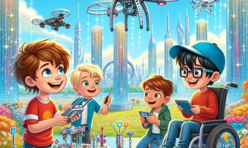 In a futuristic park in Sparkle City, four seven-year-old boys are in action. Max, with messy brown hair and a red t-shirt, is flying a drone high in the sky. Next to him, Leo, with blonde hair and a blue cap, watches Max's drone in amazement. Sam, wearing glasses and with brown hair, is leaning over a robotics table, building a colorful robot with shiny parts. Finally, Jake, a little boy with black hair in a wheelchair, smiles while holding a remote control, ready to fly his own drone. The park is filled with futuristic structures, silver-leaved trees, and sparkling games. Children play around them, and drones fly in the blue sky, creating a joyful and dynamic atmosphere. The main scene shows the boys having fun together, each focused on their activity but all sharing laughter and encouragement, illustrating the spirit of friendship and adventure in this technological world.