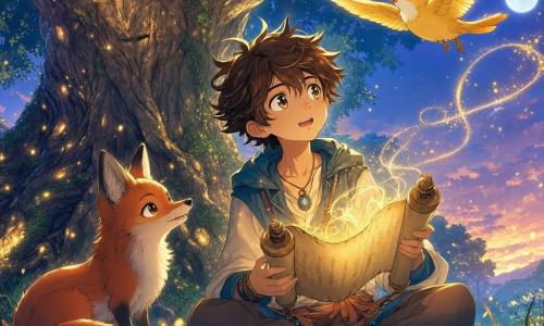 Imagine pentru ilustrare a unei povești pentru copii (stil manga), pentru 8 ani: un tânăr, Eren, față blândă, ochi mari și strălucitori, păr brun dezordonat, uimit și liniștit, ține un pergament antic deschis și ascultă vântul; o vulpe curioasă, femelă, blană roșie, ochi jucăuși, stă la stânga lui; o pasăre mică cu pene aurii zboară deasupra spre dreapta, lăsând o dâră de scântei luminoase; un copac bătrân, trunchi lat cu scoarță texturată și rădăcini expuse, se ridică în spate ca un paznic binevoitor; locul: o poiană la amurg, iarbă verde cu flori albastre, lună printre frunze și particule aurii în aer; situație: moment magic în care Eren citește pergamentul și începe să înțeleagă limba spiritelor, lumină caldă emanând din pergament și copac, atmosferă pașnică și misterioasă, linii clare, culori pastelate, contrast luminos, stil manga pentru copii.