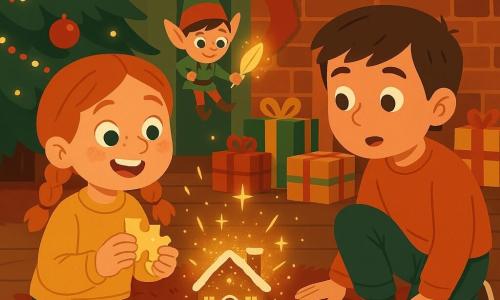 An 8-year-old girl with red braided hair, a round freckled face, a wide-eyed, bright smile holds the last sparkling puzzle piece in her hands; a roughly 12-year-old boy with short brown hair and a softened, surprised expression sits beside her on the wooden floor, shoelaces still slightly tangled, leaning in to look at the finished puzzle; a tiny mischievous elf the size of a teacup, wearing a green-and-red pointed hat and with sly eyes, hovers above the puzzle holding a glowing golden feather; the cozy living room has a large Christmas tree decorated with red and silver baubles, string lights, a red faux-fur rug, wrapped presents stacked by a log fireplace; the completed puzzle on the floor shows a gingerbread house with golden sparks rising from its center; the magical moment captures the girl placing the last piece as the elf appears in a burst of glitter, both lit by the soft glow of the lights; warm, contrasting color palette of deep reds, fir greens, sparkling golds, and natural wood tones.