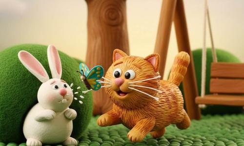 A fluffy ginger tabby cat named Whiskers with wool-like whiskers and bright round eyes leaps joyfully after a turquoise-and-yellow spotted butterfly while a plump white rabbit named Benny with felt ears and a pink nose sneezes as he trembles out of a green bush just behind the cat to the left; a sunny garden with textured green grass, a wooden swing to the right, a stout tree and a felt round bush, saturated colors, visible modeling-clay textures, soft warm lighting, a playful moment of surprise.
