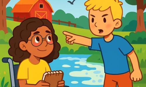 Há 2 personagens principais: - Clara: uma menina de 12 anos, com cabelos castanhos e cacheados, usando óculos e uma camiseta amarela. Ela está sentada em sua cadeira de rodas, sorrindo, segurando um caderno nas mãos. - Lucas: um menino de 12 anos, com cabelos loiros e curtos, vestindo uma camiseta azul e um short. Ele está em pé ao lado de Clara, apontando para o lago, com uma expressão determinada. O cenário é uma bela fazenda na natureza, cercada por campos verdes e flores coloridas. No centro, um lago cintilante coberto por uma leve espuma branca, com árvores majestosas ao longo de suas margens. A situação principal mostra Clara e Lucas descobrindo que o lago está poluído. Clara, com uma expressão preocupada, observa a espuma na água, enquanto Lucas, com uma expressão determinada, anota o que devem fazer para ajudar o meio ambiente.