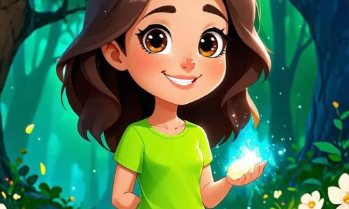 Clara, uma menina de 12 anos, tem grandes olhos brilhantes e cabelos castanhos ondulados que caem sobre os ombros. Ela veste uma camiseta verde viva e um short de jeans, com um rosto expressando alegria, um largo sorriso e bochechas rosadas. Ela está no centro da cena, segurando uma pedra brilhante na mão, olhando fascinada para uma silhueta luminosa. Ao seu lado, Sofia, outra menina de 12 anos, tem cabelos loiros trançados e usa um vestido florido. Ela sorri entusiasticamente, com os olhos arregalados, inclinando-se ligeiramente para Clara, compartilhando seu encantamento. O local é uma clareira encantada no coração de uma floresta densa, cercada por árvores majestosas com troncos grossos e folhas verdes vibrantes. A luz do sol filtra através da folhagem, criando padrões dourados no chão coberto de flores silvestres coloridas. A cena principal mostra Clara e Sofia descobrindo um espírito luminoso da floresta, flutuando acima delas, irradiando luz dourada. As duas meninas estão cativadas por essa aparição mágica, simbolizando sua coragem e curiosidade diante do desconhecido.