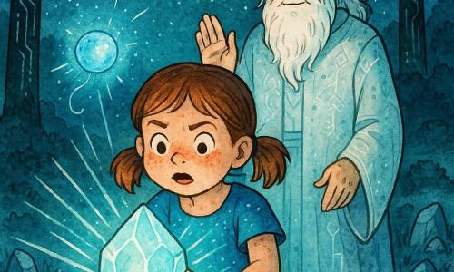 Menina de 6 anos, rosto redondo com sardas, cabelos castanhos em rabos de cavalo, expressão maravilhada e determinada, mãos sobre um grande cristal luminoso pulsante; vestido azul simples salpicado de faíscas. Homem de cerca de 70 anos, longa barba branca e roupas em tecido de aparência cristalina pálida, sorrindo e posado atrás da menina, mão direita erguida como se abençoasse, a alguns passos do cristal. Pequena faísca azul (criatura mágica), esfera luminosa translúcida voando perto da mão esquerda da menina e emitindo filamentos de luz. Local: um vale aberto à noite, relva prateada, quedas de estrelas como flocos ao redor, árvores altas com troncos negros e padrões de circuitos luminosos, solo salpicado de pedras semitranslúcidas. Situação principal: a menina restaura o 