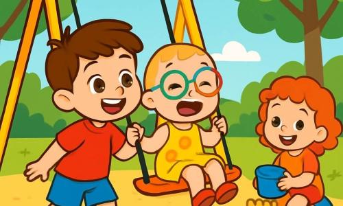 A 4-year-old boy named Tommy, with brown hair and sparkling eyes, joyfully smiles while pushing a swing. He wears a red t-shirt and blue shorts, and his face shows excitement and curiosity. Next to him, a 4-year-old girl named Sara, with very short hair and colorful glasses, laughs while swinging. She has fair skin and wears a yellow floral dress. A little further away, Mia, another 4-year-old girl with curly red hair, builds a sandcastle with a big smile, holding a blue bucket in her hands. The setting is a sunny park filled with greenery, featuring bright green trees and a clear blue sky. The ground is covered in golden sand, with colorful toys scattered around. The main scene shows Tommy and Sara playing together on the swing, sharing a moment of joy and camaraderie, while Mia builds a sandcastle nearby, creating an atmosphere of happiness and friendship.