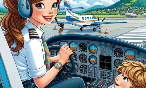 Clara, eine junge Pilotin von etwa 30 Jahren, sitzt im Cockpit ihres Flugzeugs, der "Wolkenfee". Sie hat lange braune Haare zu einem Pferdeschwanz gebunden und trägt eine blaue Pilotenuniform mit einem bunten Schal, der hinter ihr weht. Ihr Gesicht strahlt Freude und Aufregung aus, während sie durch das Fenster schaut und die Wolken unter sich bewundert. Draußen, in der Nähe des Flugzeugs, steht Ben, ein 8-jähriger Junge mit zerzausten blonden Haaren und neugierigen Augen. Er hält ein Modellflugzeug in seinen Händen und sieht Clara bewundernd an, träumt davon, ebenfalls Pilot zu werden. Die Szene spielt an einem sonnigen Flughafen mit einer glänzenden Landebahn und weißen, bauschigen Wolken am strahlend blauen Himmel. Im Hintergrund sind weitere geparkte Flugzeuge und majestätische grüne Berge zu sehen. Clara bereitet sich voller Begeisterung auf den Start vor, während Ben, entzückt, seine Heldin beobachtet und davon träumt, eines Tages wie sie in den Himmel zu fliegen.