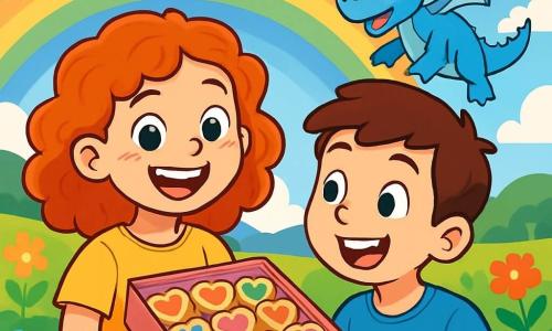 Una bambina di 10 anni, Mia, con capelli ricci e rossi, sorride felicemente, tenendo una scatola di biscotti decorati con cuori colorati. I suoi occhi brillanti sono pieni di eccitazione e amicizia. Accanto a lei, un ragazzo della sua età, Leo, ha i capelli castani e indossa una maglietta blu. Guarda i biscotti con un grande sorriso, pronto a provarli. Un piccolo drago blu, con squame scintillanti, vola intorno a loro, le sue ali traslucide brillano sotto il sole. La scena si svolge nella splendida Valle Arcobaleno, dove fiori multicolori danzano dolcemente al vento e un arcobaleno splendente si estende all'orizzonte. Il cielo è di un blu intenso, punteggiato di nuvole bianche e soffici. Mia e Leo sono circondati da risate e gioia, condividendo biscotti di amicizia sotto il cielo soleggiato, celebrando la magia di San Valentino con il loro nuovo amico, il drago.