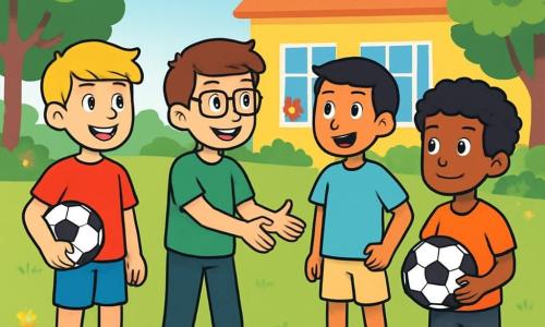 Er zijn 4 kinderen: - Jasper: een 12-jarig jongen met blond haar en blauwe ogen, die een rood t-shirt en een blauwe short draagt. Hij staat links, glimlachend en houdt een voetbal vast. - Milan: een 12-jarig jongen met bruin haar en een bril, die een groen t-shirt en een zwarte broek draagt. Hij staat in het midden en maakt een vriendelijke gebaar naar Samir. - Youssef: een 12-jarig jongen met zwart haar en een olijfkleurige huid, die een lichtblauw t-shirt en een beige short draagt. Hij staat rechts en kijkt nieuwsgierig naar Samir. - Samir: een 11-jarig jongen met krullend haar en een donkere huid, die een oranje t-shirt en een grijze broek draagt. Hij staat iets achteraan, met een verlegen glimlach, terwijl hij een voetbal vasthoudt. De locatie is een groot zonnig speelterrein, omringd door groene bomen en kleurrijke bloemen. Op de achtergrond is een school met gele muren en open ramen, waar het gelach van kinderen te horen is. De hoofdactie toont de vier jongens die samen voetbal spelen. Jasper en Milan zijn de bal aan het passen, terwijl Youssef Samir aanmoedigt om mee te doen. Samir, hoewel aarzelend, begint te glimlachen en nadert de groep, klaar om mee te spelen.