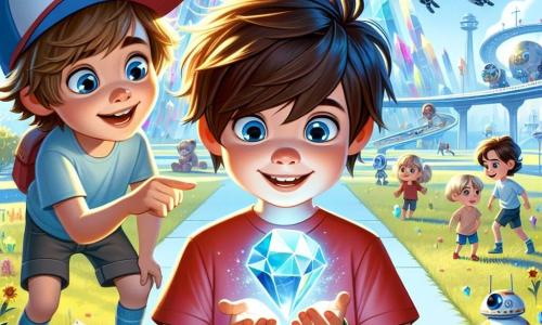 Zwei Jungen, Max und Leo, acht Jahre alt, stehen im Zentrum der Szene. Max, mit zerzausten braunen Haaren und einem roten T-Shirt, schaut fasziniert auf einen großen, glänzenden Kristall, den er in den Händen hält. Leo, mit blonden Haaren und einer blauen Mütze, zeigt auf ein farbenfrohes Hologramm, das direkt über ihnen schwebt. Ihre Umgebung ist die große Kristallkuppel von Glitzopolis, ein futuristisches Gebäude mit funkelnden Wänden aus tausenden von bunten Kristallen, die das Sonnenlicht reflektieren. Im Hintergrund spielen freundliche Roboter und Kinder zusammen, während fliegende Autos sanft am blauen Himmel gleiten. Die Hauptsituation zeigt Max und Leo, die die Kraft der magischen Kristalle entdecken und bereit sind, die geheimnisvolle Energie der Stadt zu aktivieren. Die Atmosphäre ist fröhlich und voller Aufregung, mit Lichtblitzen und leuchtenden Farben, die eine Welt unendlicher Möglichkeiten hervorrufen.