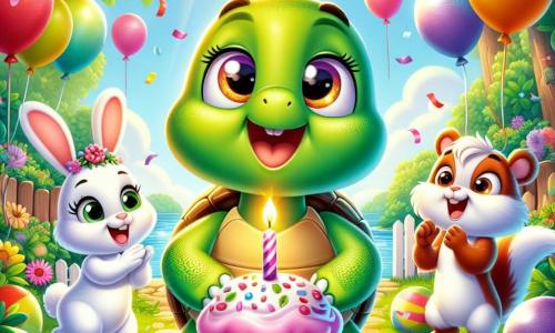 Una pequeña tortuga sonriente, Lulú, con un caparazón verde brillante y ojos chispeantes de alegría, se encuentra en el centro de la escena, rodeada de globos coloridos y guirnaldas festivas. Está soplando una vela de un cupcake decorado con glaseado rosa. A su derecha, un alegre conejito llamado Ramón, con pelaje blanco y grandes orejas, salta bailando, su rostro radiante de felicidad. A su izquierda, una ardiente ardilla, Susi, con pelaje rojizo y una cola esponjosa, aplaude con entusiasmo, sus ojos brillando de emoción. El decorado es un encantador rincón del bosque, con árboles verdes exuberantes, flores coloridas y un cielo azul brillante. Rayos de sol filtran a través de las hojas, creando un ambiente cálido y festivo. La escena principal muestra a Lulú rodeada de sus amigos, celebrando su cumpleaños con risas, juegos y dulces, llena de alegría y amistad.