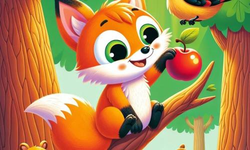Un zorro curioso con un pelaje naranja brillante, ojos chispeantes de determinación y una cola esponjosa, está posado en una rama alta de un árbol gigante, sonriendo con orgullo tras haber alcanzado los jugosos frutos. A su lado, una pequeña ardilla de ojos traviesos y pelaje marrón claro, suspendida de una rama, aplaude con entusiasmo, mientras un colorido pájaro carpintero, con plumaje rojo y negro, vuela alegremente a su alrededor, expresando su orgullo. El escenario es un hermoso bosque verde, lleno de grandes árboles de troncos gruesos, flores brillantes y una luz suave que filtra a través de las hojas. La escena principal muestra al zorro triunfante, sosteniendo una fruta brillante en su pata, celebrando su victoria con sus amigos después de haber superado un desafío aparentemente imposible.
