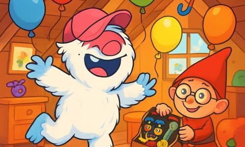 Wesoły i zabawny Yeti o imieniu Fikuś, z puszystym białym futrem i dużą okrągłą głową, nosi zabawną różową czapkę, która zsuwa się na jego błyszczące od psot oczy. Tańczy na kolorowym strychu, otoczony wielobarwnymi balonami, śmiejąc się szeroko. Obok niego stoi mały gnom o imieniu Pan Śmieszek, mający około 10 lat, w jaskrawoczerwonym ubraniu i okrągłych okularach. Trzyma dużą torbę pełną zabawnych gadżetów i z zachwytem patrzy na Fikusia, gotowy pomóc mu rozśmieszyć wszystkich. Strych jest pełen starych mebli, miękkich poduszek i kolorowych zabawek, a drewniane ściany zdobią radosne rysunki. Śpiewające parasole i tańczące kapelusze dodają magicznej i zabawnej atmosfery temu miejscu. Główna scena pokazuje Fikusia, który tańcząc, uwalnia chmurę kolorowych balonów, które wzbierają w powietrze, wywołując salwy śmiechu i radości wśród wszystkich obecnych postaci.