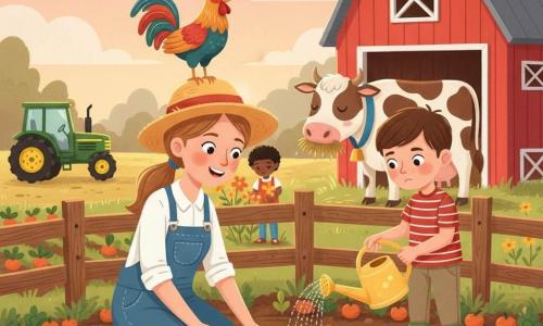 The main character is a smiling young female farmer kneeling in a blue denim overall, green rubber boots and straw hat, planting small orange seeds in dark soil; an about-8-year-old boy with short brown hair, a red-and-white striped T-shirt and khaki pants stands to her right pouring water from a yellow watering can; a spotted cow named Daisy with a blue collar chews hay by a red barn with a gray roof, and a colorful rooster named Roosty perches on a nearby wooden fence; it’s a sunny dusk farm with rows of green and orange vegetables, yellow wildflowers, a parked green tractor and a pink-orange pastel sky; the scene focuses on planting and watering—sparkling water splashes, tiny green shoots emerging, warm rural, cooperative atmosphere.