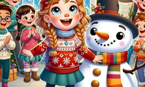 Una ragazza di 9 anni, Sofia, con capelli ricci castano chiaro e occhi pieni di curiosità, si trova al centro dell'immagine, con un grande sorriso che illumina il suo viso. Indossa un maglione rosso con motivi di fiocchi di neve e una sciarpa colorata, mentre balla felicemente attorno a un pupazzo di neve chiamato Neveo, che ha un grande sorriso, un naso di carota e braccia di rami, mentre fa movimenti divertenti. Accanto a loro, Emma, un'altra ragazza di 9 anni con capelli biondi intrecciati e guance rosate, applaude con entusiasmo, mentre Marco, un ragazzo di 10 anni con occhiali e capelli castani, tiene una mappa del tesoro, concentrato. Tutti e due sono circondati dai loro compagni di classe, ridendo e divertendosi. La scena si svolge in una scuola decorata per Natale, con un grande albero illuminato al centro dell'aula, adornato con ghirlande scintillanti e palline colorate. La situazione principale mostra Sofia e i suoi amici mentre celebrano insieme il Natale, ballando e cantando attorno a Neveo, il pupazzo di neve, condividendo dolci e divertendosi durante la festa di Natale della scuola.