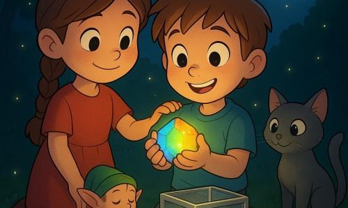 Un ragazzo di 6 anni, volto rotondo e capelli castano chiaro scompigliati, tiene tra le mani davanti al petto una pietra luminosa multicolore che illumina il suo viso di toni blu, verdi e dorati; alla sua sinistra Tilia, circa 6 anni, treccia bruna e semplice vestito rosso, posa la mano sulla sua spalla con sguardo fiero e tenero; alla destra un gatto grigio, Brio, con pelo morbido e coda rialzata, luccica leggermente; vicino ai piedi avanza lentamente una tartaruga, Luna, dal carapace verde e bruno texturizzato, dal volto calmo e saggio; un piccolo folletto dalle grandi orecchie e ali sottili è inginocchiato davanti a una scatola di vetro, mani aperte e viso commosso; la scena si svolge in una radura notturna con tappeto di muschio spesso, un anello di piccoli funghi rossi e bianchi attorno alla scatola, leggera nebbia rasoterra, piccole pietre fosforescenti, luna piena e lucciole; i bambini hanno appena inserito l’ultimo pezzo di un puzzle nel coperchio: la scatola di vetro si è socchiusa e una luce dolce e cangiante ne fuoriesce, tutti guardano la pietra con stupore e tenerezza.