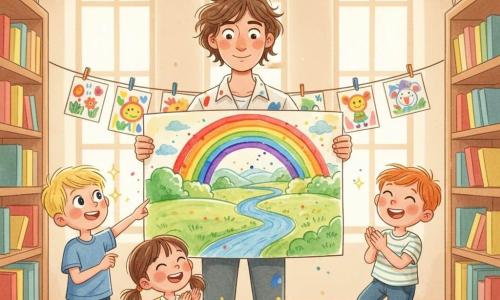 Un uomo, Mattia, artista, viso sereno e sorridente, capelli castani scompigliati, camicia macchiata di vernice, mostra al gruppo un grande disegno colorato a inchiostro; a sinistra Luca (circa 7 anni), capelli biondi corti, occhi vivaci, indica un arcobaleno sul disegno; davanti al tavolo Giulia (circa 6 anni), code castane, vestito giallo, applaude; a destra Marco (circa 8 anni), capelli rossi, sorridente, in punta di piedi come per applaudire; ambientazione: piccola biblioteca soleggiata con grandi finestre, scaffali in legno, disegni dei bambini appesi, tavolo con barattoli di vernice, pennelli e fogli sparsi e decorazioni colorate; momento di presentazione collettiva, luce soffusa, atmosfera calda e collaborativa.