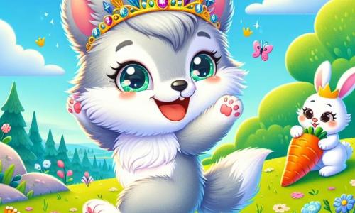 O personagem principal é Léo, um pequeno lobo de pelos cinzentos e macios, com grandes olhos brilhantes de travessura. Ele usa uma tiara brilhante feita de cristais coloridos e exibe um largo sorriso, dançando alegremente no topo de uma colina verdejante. Perto dele, está Clara, uma coelhinha vaidosa de grandes orelhas e pelagem branca, que observa Léo com olhos admirados, segurando uma cenoura gigante. Ela está sentada em uma pedra, rindo da situação. O cenário é uma colina ensolarada, coberta de flores silvestres coloridas, sob um céu azul com nuvens fofas. Abaixo, uma floresta luxuriante se estende até onde a vista alcança, adicionando um toque de magia. A cena principal mostra Léo celebrando sua nova tiara de cristal, dançando entusiasticamente e fazendo poses engraçadas, enquanto Clara e outros animais da floresta o observam com sorrisos e risadas, criando uma atmosfera alegre e divertida.