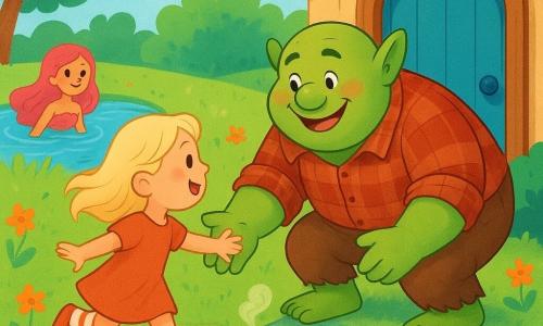Un grande orco tondo dalla pelle verde e guance rosate, sorriso accogliente e mano tesa verso la bambina; Lila, circa 5 anni, capelli chiari, vestito semplice e calzini a righe, salta gioiosa verso la porta azzurra di casa guardando l'orco; un piccolo drago verde arrotondato, affettuoso e avvolto sul zerbino che soffia una leggera fumée profumata; una sirena dai capelli rosa in un piccolo stagno a sinistra che schizza con la coda osservando la scena; Ventoletto rappresentato da un turbine leggero di foglie e petali arancioni lungo il sentiero fiorito; radura soleggiata nel bosco con erba verde, ghirlande di fiori arancioni, stagno azzurro a sinistra e casetta di legno con porta azzurra a destra — la bambina torna a casa accompagnata dagli amici fantastici, atmosfera calda, colori vivaci ed espressioni dolci di amicizia.