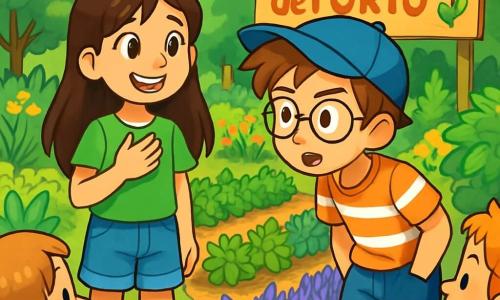 Ci sono 2 personaggi principali: Sofia, una ragazza di 9 anni con lunghi capelli castani e occhi brillanti, indossa una maglietta verde e un pantaloncino di jeans, in piedi con un sorriso e una mano sul cuore, guardando il suo amico; Leo, un ragazzo di 9 anni con capelli castani disordinati e occhiali rotondi, indossa un berretto blu e una maglietta a righe, è leggermente piegato in avanti con le mani in tasca e un'espressione determinata. La scena si svolge in un giardino scolastico rigoglioso, pieno di piante colorate e erbe aromatiche, con righe di basilico, menta e lavanda sotto un cielo blu, e un sentiero di terra che si snoda tra i letti. Sullo sfondo, un grande pannello di legno indica 