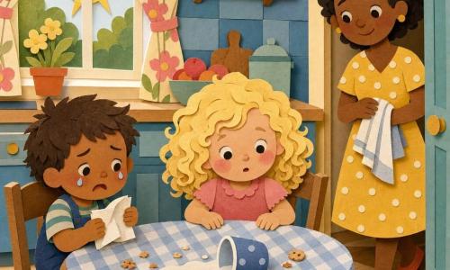 Lotte, 4 jaar, zit aan een ronde houten tafel met een rustige verbaasde blik, blonde krullen en blozende wangen terwijl ze naar een omgevallen kopje kijkt; haar kleine broer van 2 jaar, met warrig kastanjehaar, huilt een beetje en houdt een servet vast op een stoel links van haar; de moeder glimlacht zacht in een gele stippenjurk terwijl ze de keukendeur binnenkomt en haar handen afveegt; de lichte keuken heeft lichtblauwe tegels, zonnestralen door bloemen-gordijnen, kruimels op het tafellaken en een omgevallen kopje — een rustige scène na een klein voorval met warme kleuren, eenvoudige vormen, zachte contrasten en paper-cut contouren.
