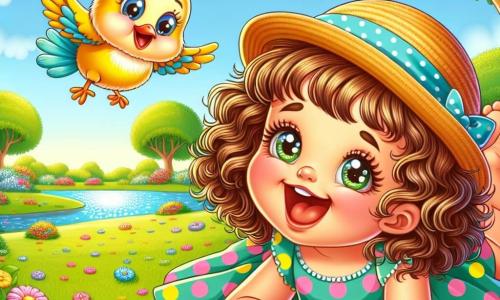 Una niña de 2 años, Lulú, con cabello rizado y ojos brillantes, está acostada sobre la hierba verde, sonriendo. Lleva un vestido de colores con lunares y un sombrero de paja. A su lado, un pajarito de plumas amarillas y azules vuela a su alrededor, invitándola a la aventura. El escenario es un parque soleado con un gran árbol, flores multicolores y un lago cercano. Lulú está lista para dormir mientras el pájaro, lleno de energía, revolotea a su alrededor, creando un ambiente alegre y divertido.