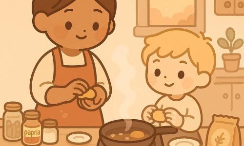 Female chef with a gentle smile and bright round eyes, cinnamon-colored apron lightly dusted with flour, brown hair in a bun, calmly shaping an oval croquette with small precise hands; about 7-year-old blond boy with playful curiosity standing on a small stool by the stove, helping roll a croquette and watching the pan with slightly floury hands; a tray of glass jars arranged like a mini-town (one labeled paprika), small white plates, a bowl of golden breadcrumbs and a packet of crushed oats within reach; warm twilight kitchen with a square window showing a golden-orange sky, light wood countertop, soft filtered light and light steam rising from the pan; they make golden croquettes together, the pan bubbles, a few croquettes rest on paper towel, cozy organized scene with warm brown-orange-cream tones and a composition centered on their hands rolling the croquette.