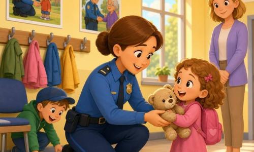 A smiling, kind female police officer with brown hair in a bun, clean blue uniform and shiny badge kneels and extends a small teddy bear to a joyful little girl (about 4) with light brown curly hair and a pink backpack who hugs the worn beige bear to her chest; a little boy (about 6) in a blue cap laughs and points under a chair to the left, a calm female teacher with blonde hair stands near a coat rack in the background; bright police station hallway with pale yellow walls, colorful coats on hooks, a wooden bench, a large window casting soft light, child-friendly posters of police helping the community; central, peaceful moment focused on the tender exchange, children gathered with expressions of surprise and relief, vivid colors, soft textures and gentle cel-shaded shadows.