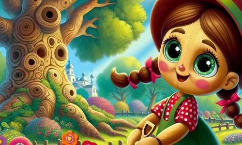 Pinocchio, um pequeno boneco de madeira com olhos brilhantes e um sorriso alegre, está no centro da imagem. Seu corpo de madeira é pintado com cores vivas, e ele usa uma camisa vermelha com bolinhas e um chapéu pontudo. Ele observa com admiração uma grande árvore majestosa, cujos galhos se estendem como braços protetores, enquanto segura uma pequena pá de madeira, pronto para plantar uma flor. Ao seu lado, Sofia, uma menina de 10 anos com cabelos castanhos e tranças, está de joelhos, com as mãos cheias de terra, plantando flores coloridas no jardim comunitário. Ela usa um vestido verde e um avental, sorrindo para Pinocchio, encorajando-o com entusiasmo. Ao fundo, o parque é repleto de vegetação exuberante, com árvores antigas e flores vibrantes, enquanto raios de sol penetram pelas folhas, criando uma atmosfera calorosa e acolhedora. A cena principal mostra Pinocchio e Sofia trabalhando juntos, unidos pelo desejo de tornar o mundo um lugar melhor, simbolizando esperança e cooperação para um futuro sustentável.